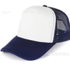 A white and navy trucker hat with a mesh back and a navy brim.