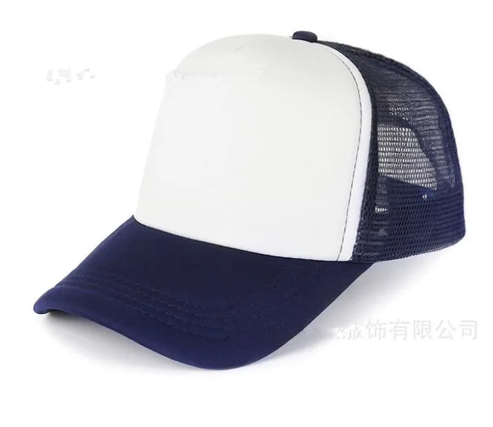A white and navy trucker hat with a mesh back and a navy brim.