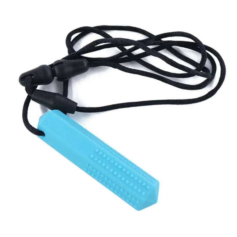 A blue silicone chew necklace with a black cord and clip.
