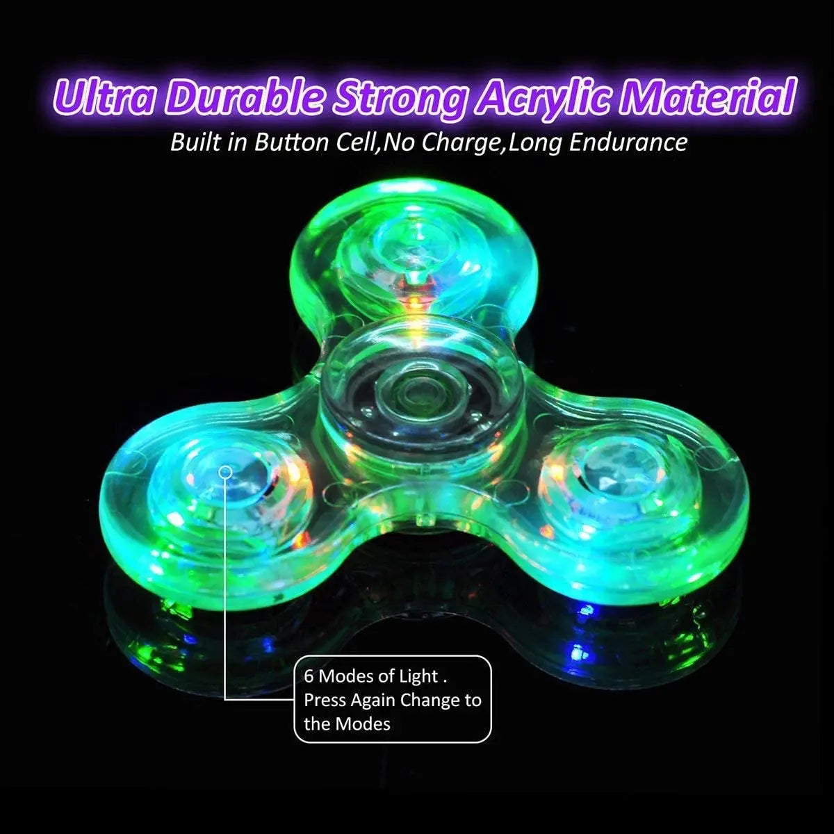 A glowing green acrylic fidget spinner with multiple light modes resting on a reflective surface.