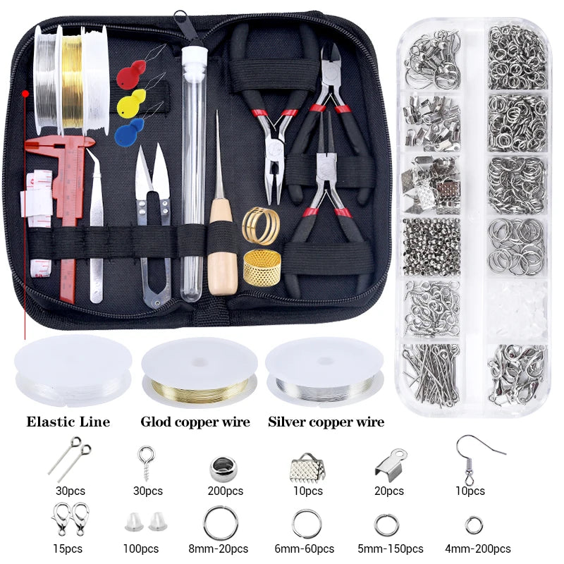 A black jewelry making kit containing tools, wires, and findings organized in compartments.