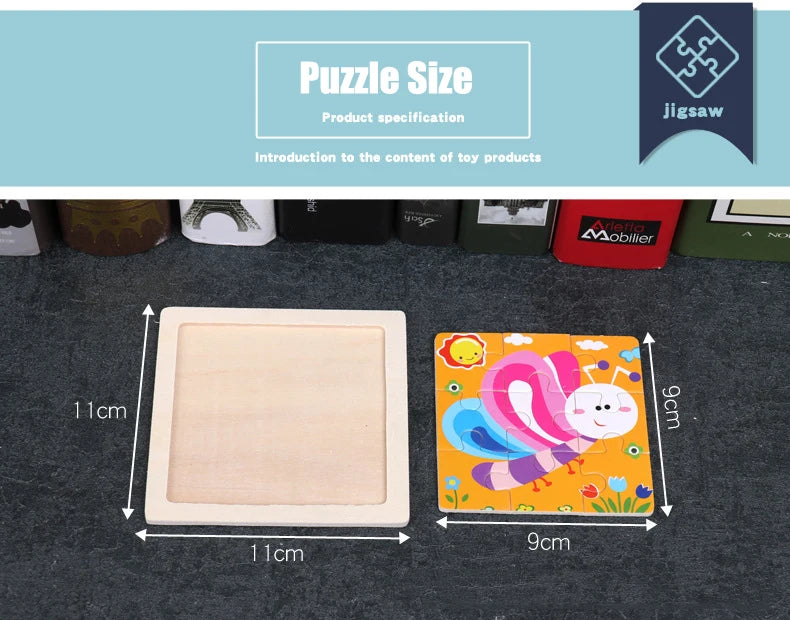 A wooden puzzle featuring an animal and traffic design, displayed next to a larger wooden board.