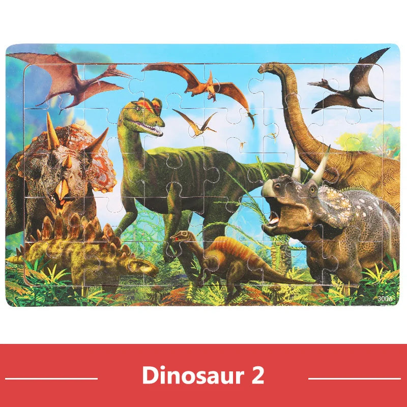 A jigsaw puzzle featuring dinosaurs, including a T-Rex, a long-necked dinosaur, and other prehistoric animals.