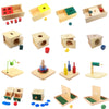 A set of wooden Montessori sensory toys including puzzles, stacking blocks, and manipulative shapes for toddlers.
