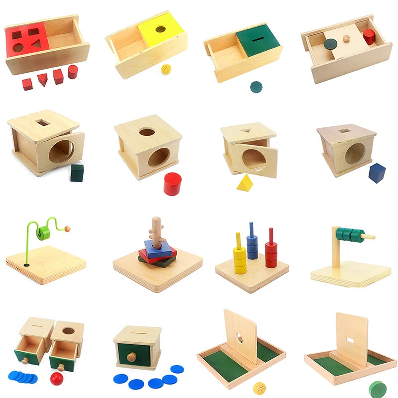 A set of wooden Montessori sensory toys including puzzles, stacking blocks, and manipulative shapes for toddlers.