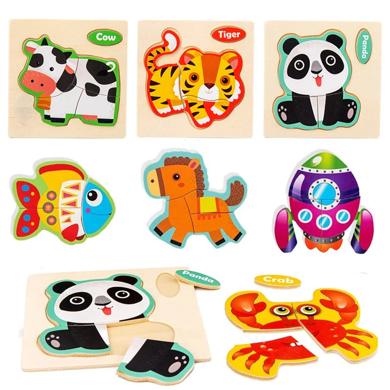 Wooden 3D Cartoon Animal Jigsaw Puzzle for Kids