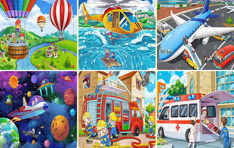 A collection of colorful wooden cartoon jigsaw puzzles featuring various animals and scenes for toddlers.