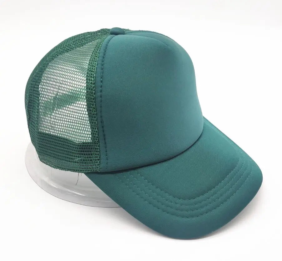 Teal trucker hat with a mesh front and a solid teal fabric crown