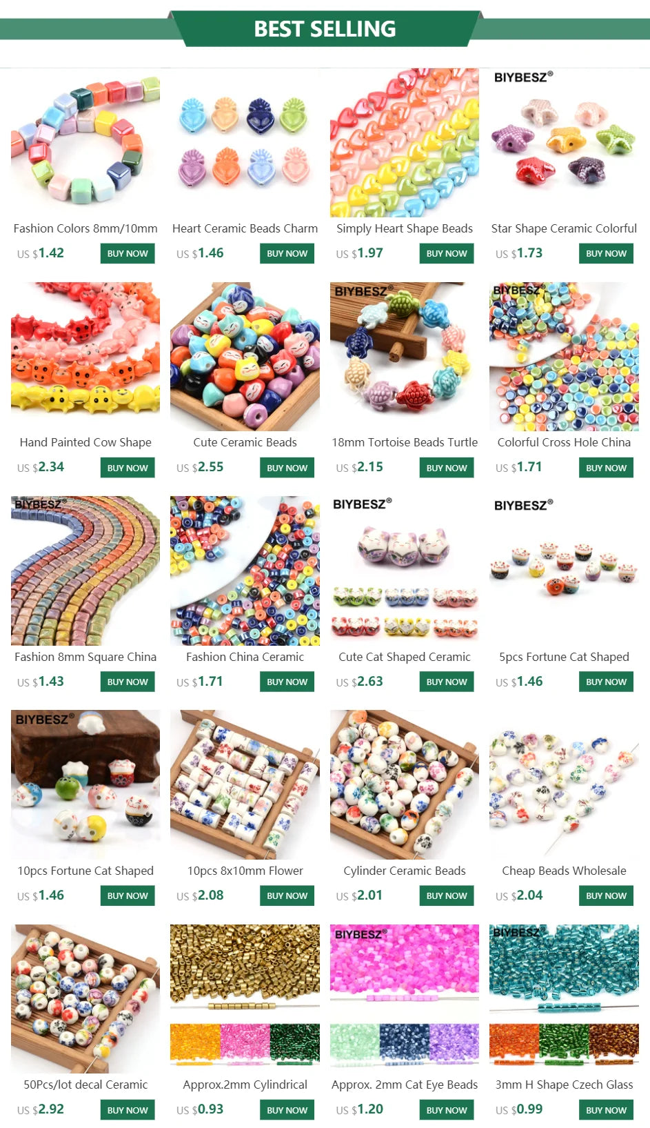 A collection of 10mm heart-shaped acrylic beads in various colors and shapes for jewelry making.
