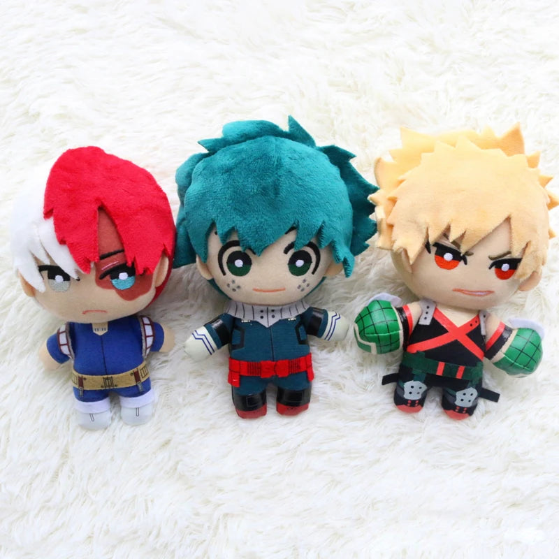Three My Hero Academia plush pendant dolls featuring characters with red hair, teal hair, and blonde hair.