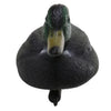 A black duck decoy with a green head and yellow eye, shown from above.
