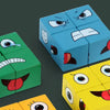 A collection of colorful wooden face-changing cube puzzle toys in green, blue, and yellow.