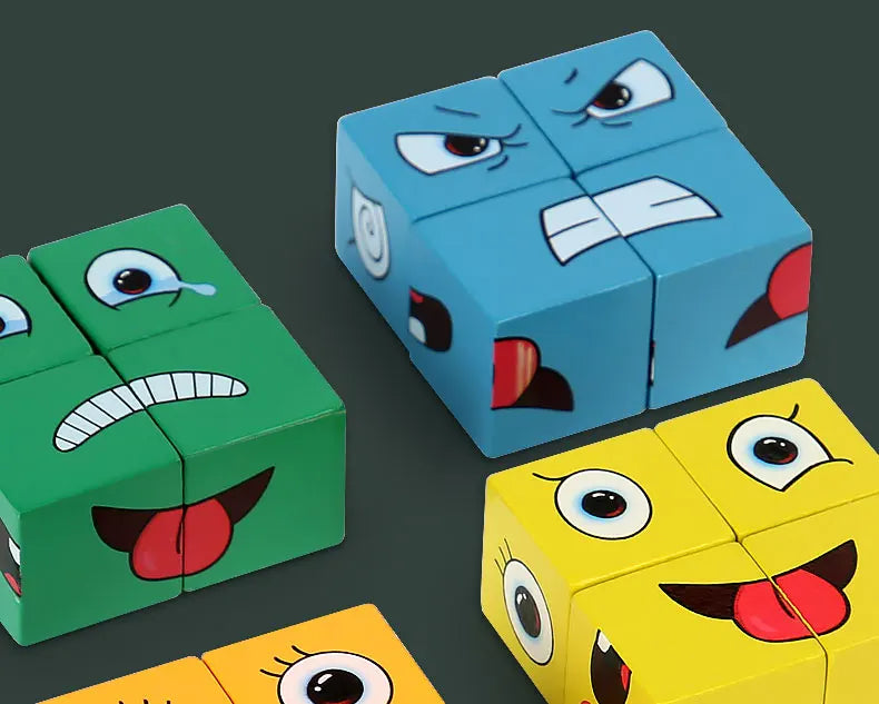 A collection of colorful wooden face-changing cube puzzle toys in green, blue, and yellow.