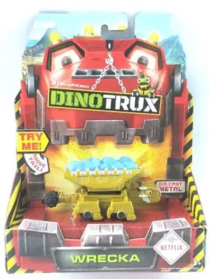 A DinoTrux dinosaur truck toy car with removable dinosaur figures displayed in its packaging.