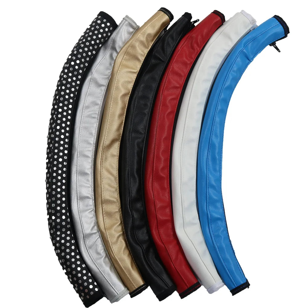 A collection of leather stroller handle covers in various colors including black, silver, gold, red, white, and blue.