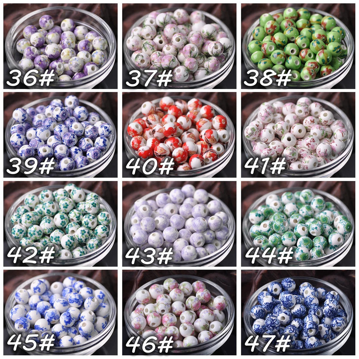 A grid of 12 glass bowls filled with various colors and patterns of floral ceramic beads for jewelry making
