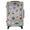 A silver suitcase decorated with various psychedelic mushroom vinyl stickers.
