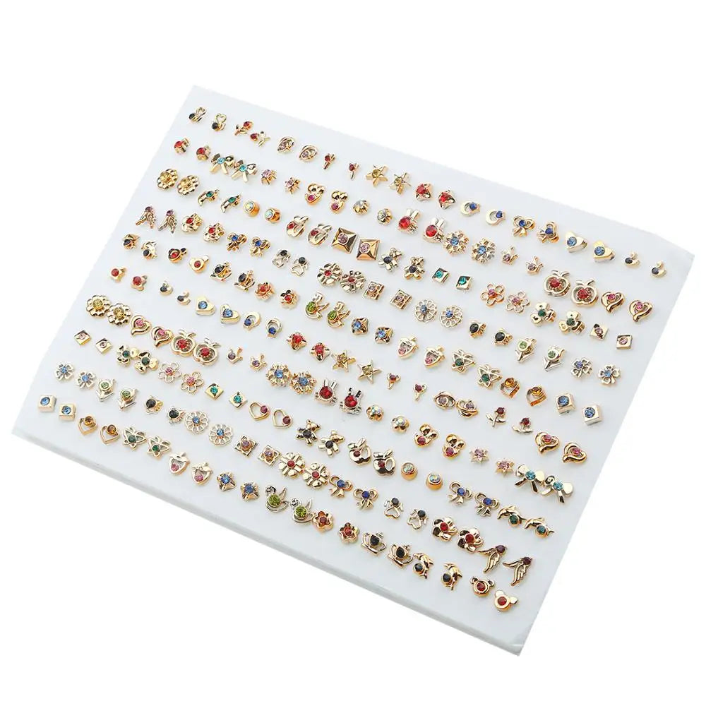 A collection of 100 pairs of assorted acrylic stud earrings featuring hearts, stars, and moons.