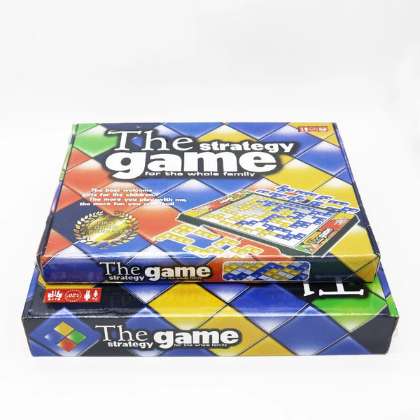 A set of The Game strategy board game boxes featuring colorful geometric tiles and branding.