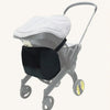 A gray stroller with a black mosquito net shade attached to the canopy and yellow wheels.