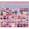 A collection of 50 aesthetic landscape designs featuring soft pink, purple, and orange sunset skies and clouds for sticker bo