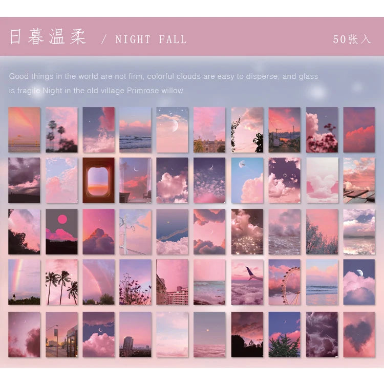 A collection of 50 aesthetic landscape designs featuring soft pink, purple, and orange sunset skies and clouds for sticker bo