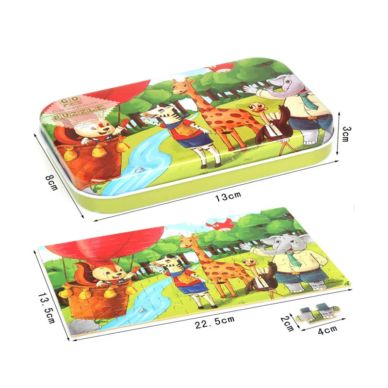Wooden Jigsaw Puzzle Set for Kids - 60 Pieces of Cartoon Vehicles & Animals