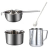A complete candle making kit featuring a stainless steel pouring pot, wicks, and fixator tool.
