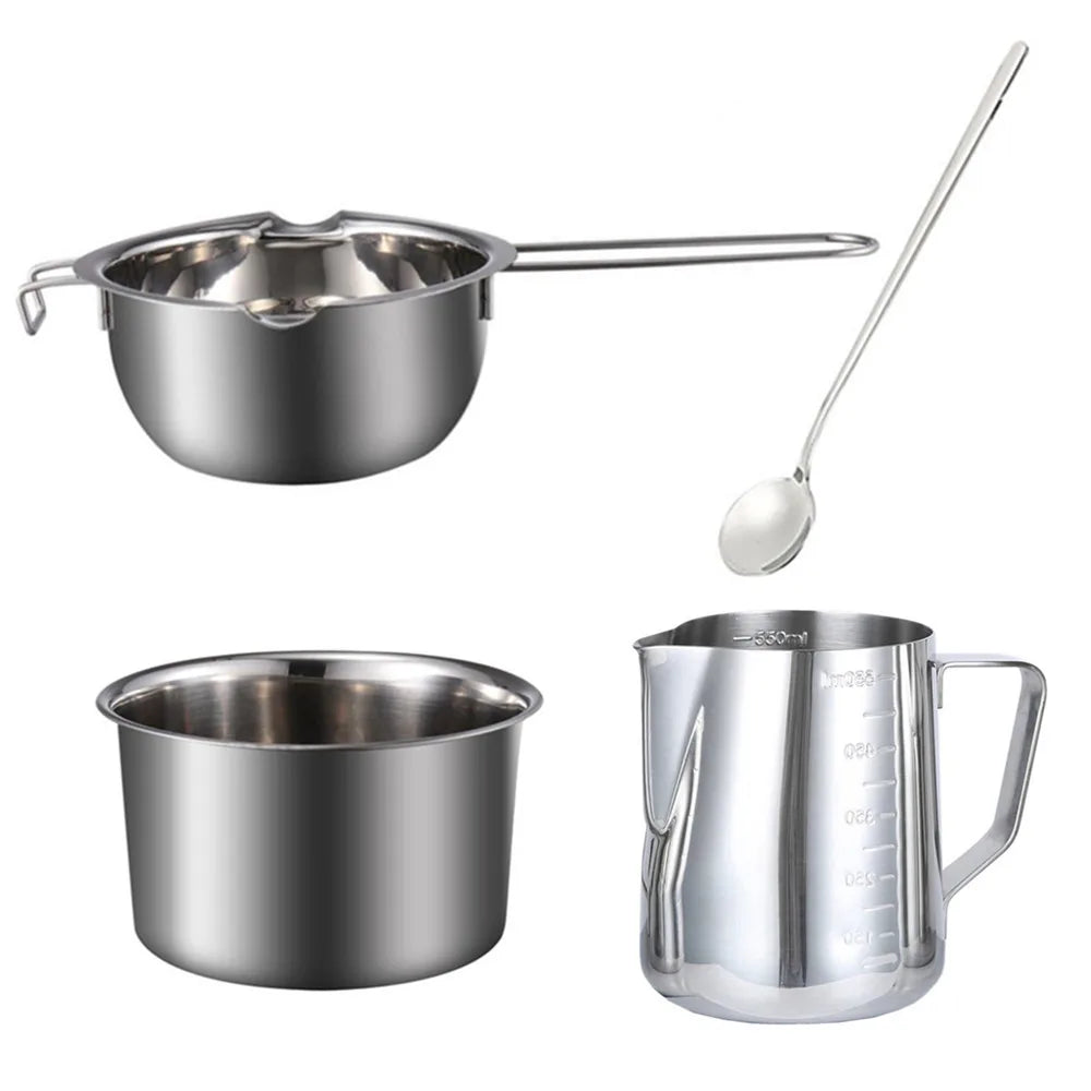 A complete candle making kit featuring a stainless steel pouring pot, wicks, and fixator tool.