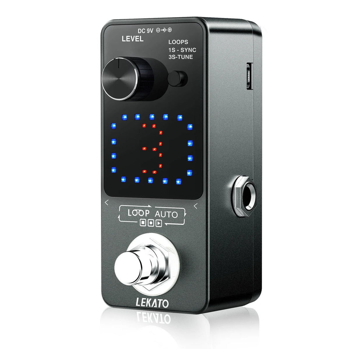 A compact looper pedal with a black body, silver knob, and blue LED display showing sync status.