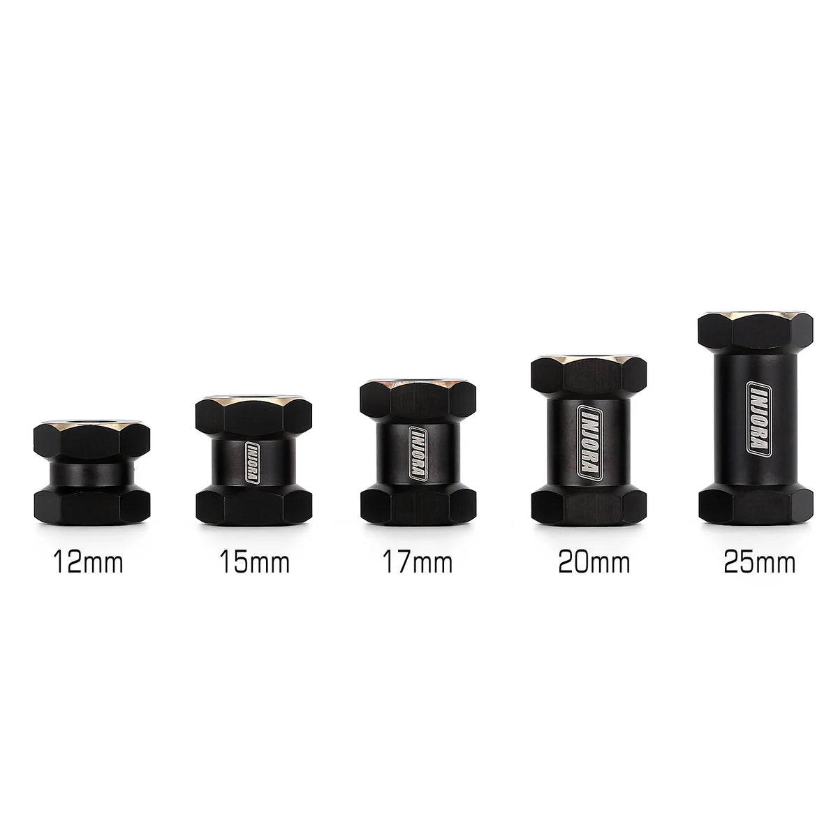 A set of black brass wheel hex extenders with varying lengths from 12mm to 25mm.