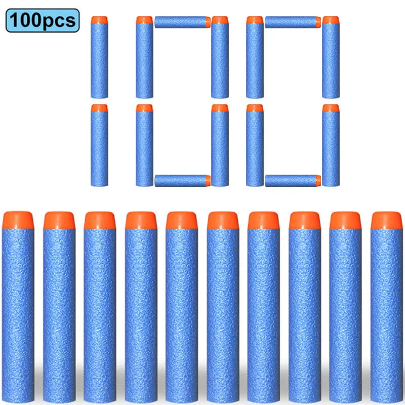 A collection of soft foam dart refills in blue and orange colors, packaged for toy blasters.