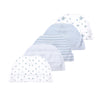 A collection of five light blue and white patterned baby knit hats for infants.