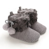 Gray plush baby snow boots for girls and boys with fuzzy trim and anti-slip soles