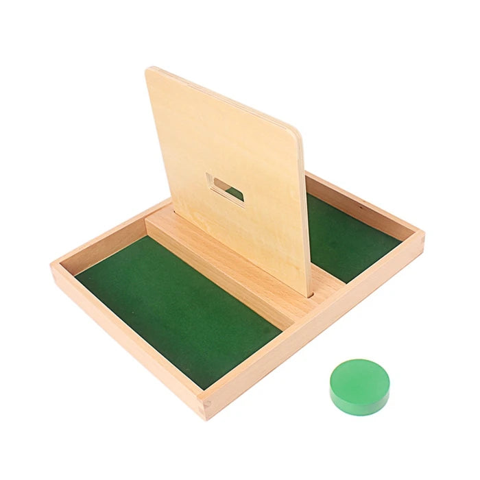 A wooden Montessori sensory toy set featuring a green tray and a light wood board for toddlers.
