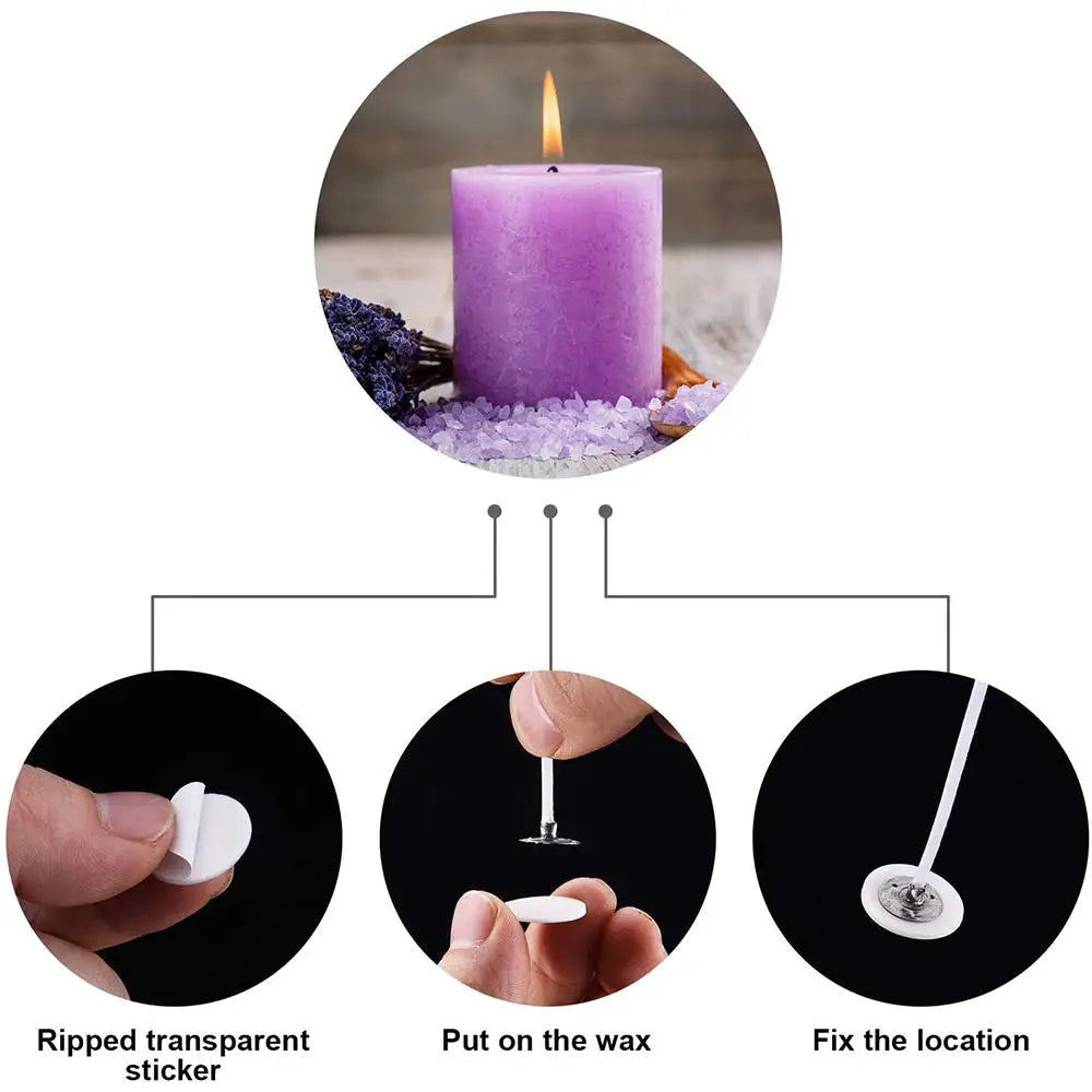 Demonstration of heat-resistant double-sided stickers used for candle wick centering.