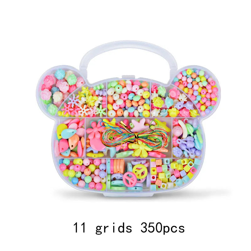 Clear plastic organizer with 11 grids containing 350 assorted colorful acrylic beads for crafting