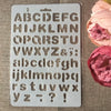 A white stencil sheet showing uppercase and lowercase letters, numbers, punctuation marks, and symbols for crafting.