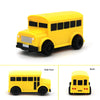 Yellow line-following robot car toy with a pen shown from the side and back views.