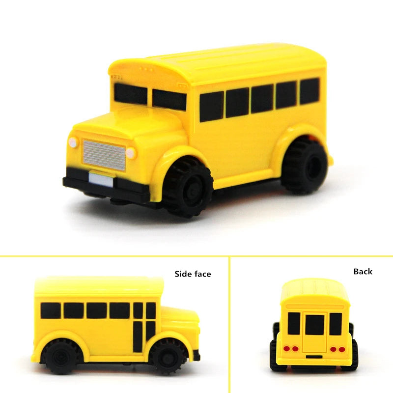 Yellow line-following robot car toy with a pen shown from the side and back views.