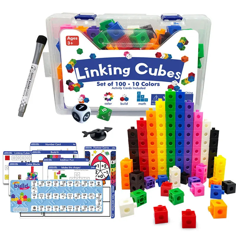 A set of linking cubes in various colors and shapes for Montessori math and counting activities.