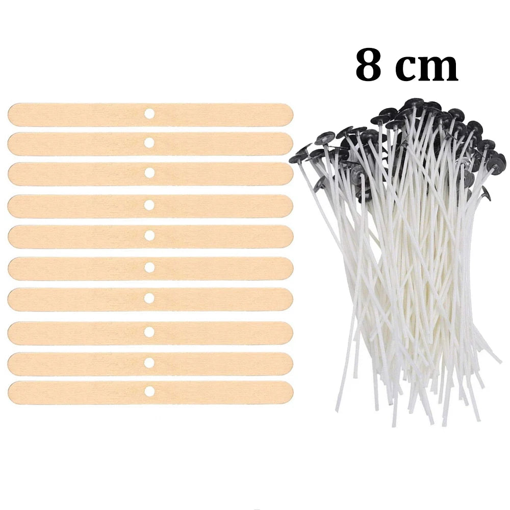A bundle of pre-waxed cotton candle wicks with metal sustainers, measuring 8 cm long.