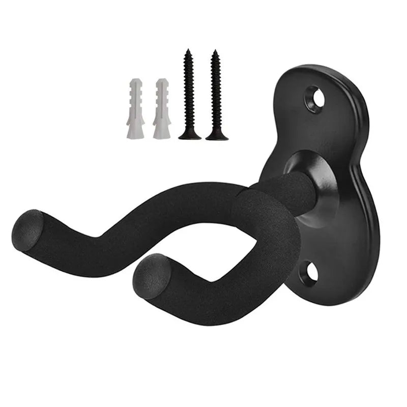 Black wall-mounted guitar hanger with three adjustable metal arms and a curved hook.