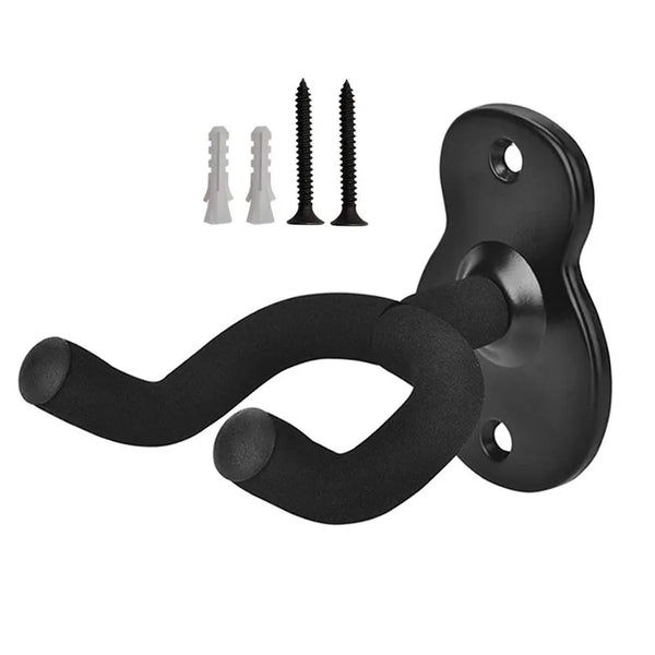 Black wall-mounted guitar hanger with three adjustable metal arms and a curved hook.