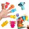 A hand holds various animal finger puppets including a brown bear, red fox, blue elephant, yellow lion, and pink elephant.