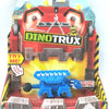 A Dinotrux toy truck car in red and yellow packaging with a blue dinosaur figure.
