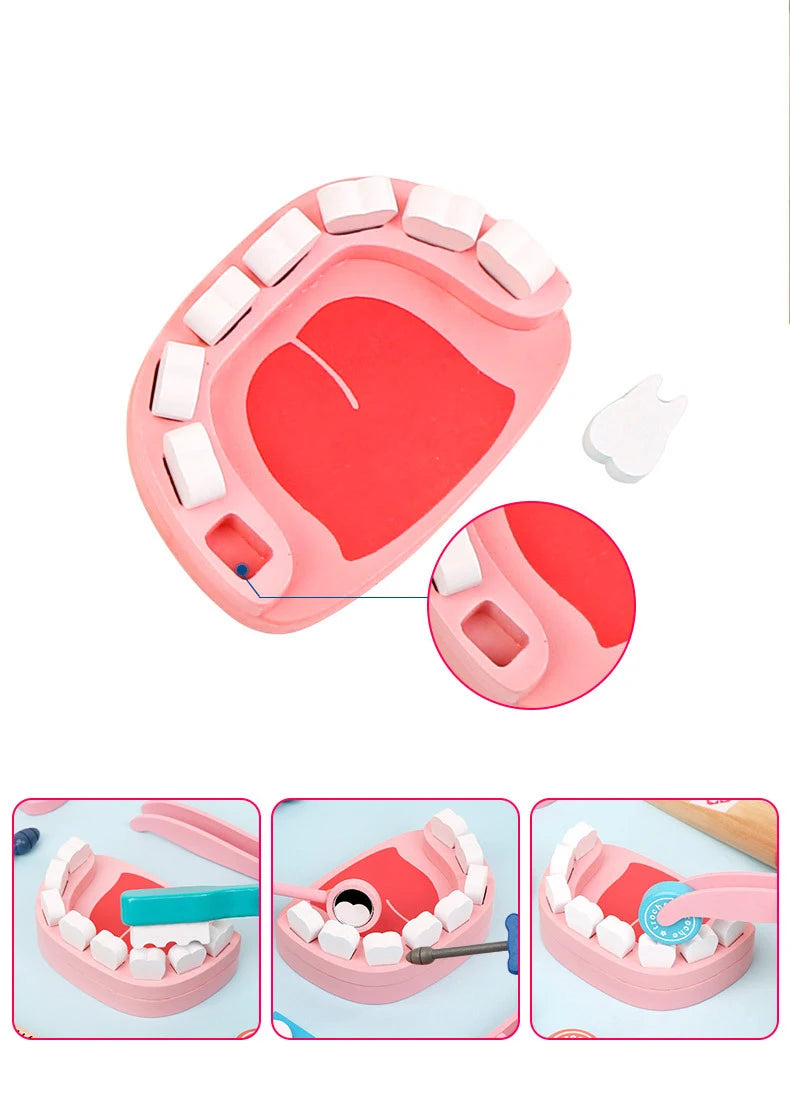 Pink wooden pretend play doctor medical kit for kids with various tools and accessories
