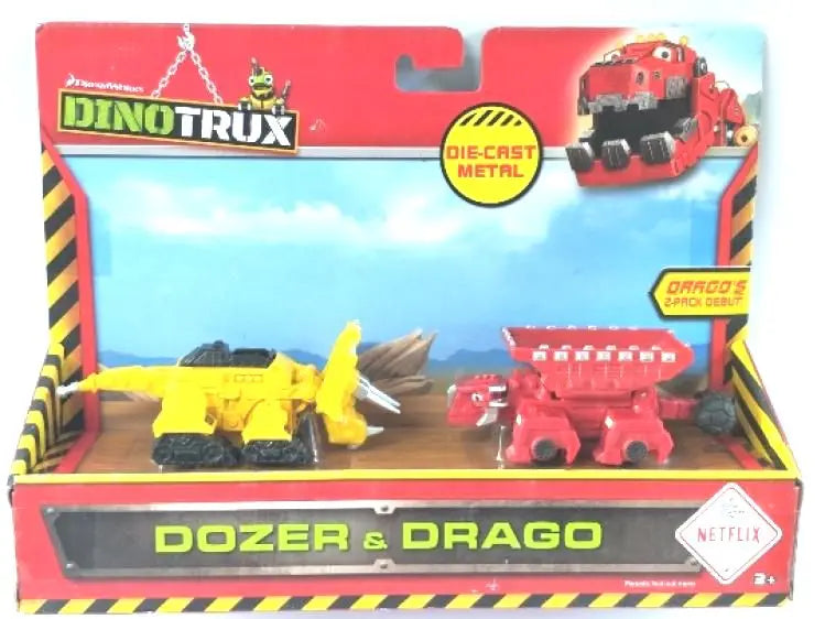 Dinotrux Dozer & Drago die-cast metal toy cars in a colorful packaging box.