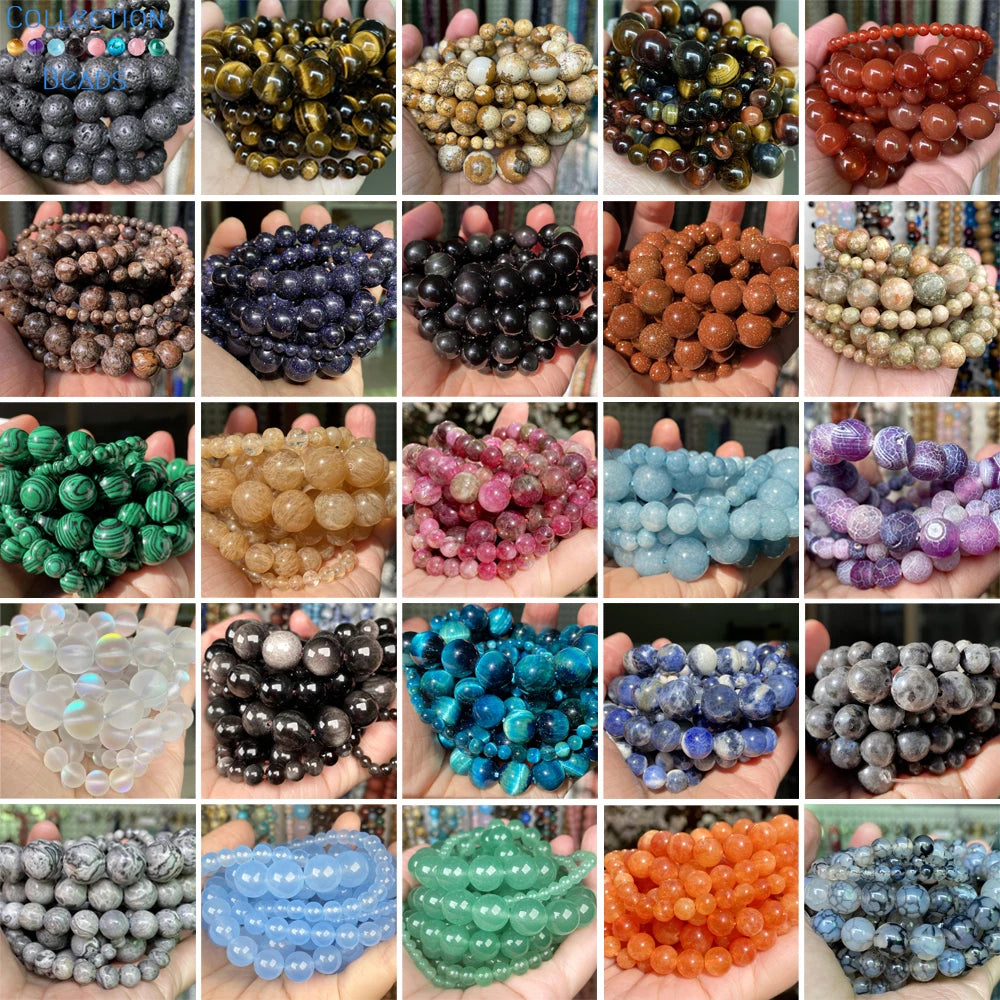 A collection of natural gemstone beads including tiger eye, lava, turquoise, and various colored stones for jewelry making.
