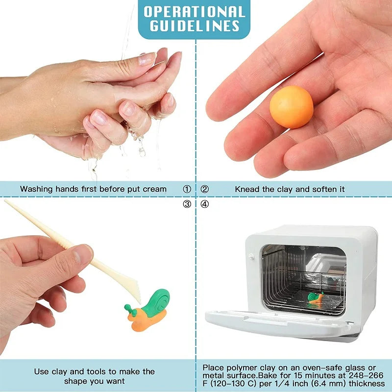 Hands demonstrate operational guidelines for using polymer clay, including washing hands and kneading the clay.